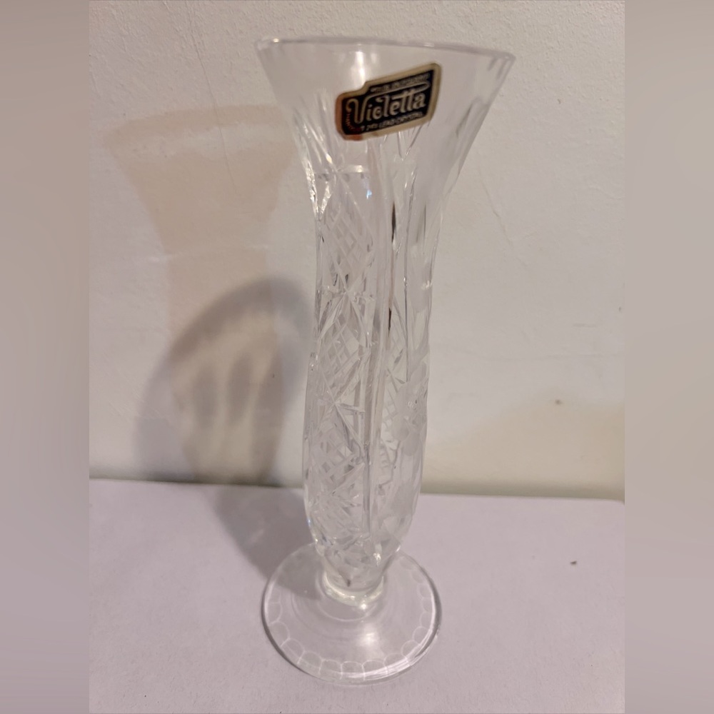 Violetta Poland 8’ Hand Cut 24 Percent Lead Crystal Vase Floral Pattern Bud Vase